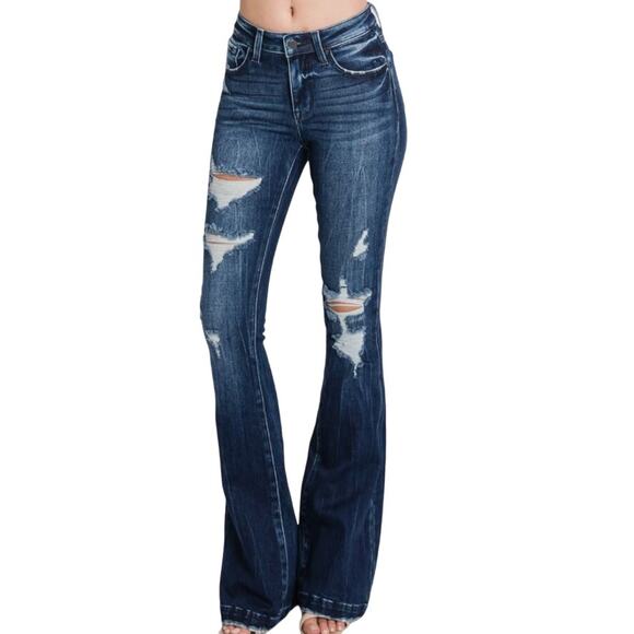 Petra 153 Denver Bells Flared Jeans Distressed Mid Dark Wash Cotton Blue 27 NWT - Picture 1 of 7